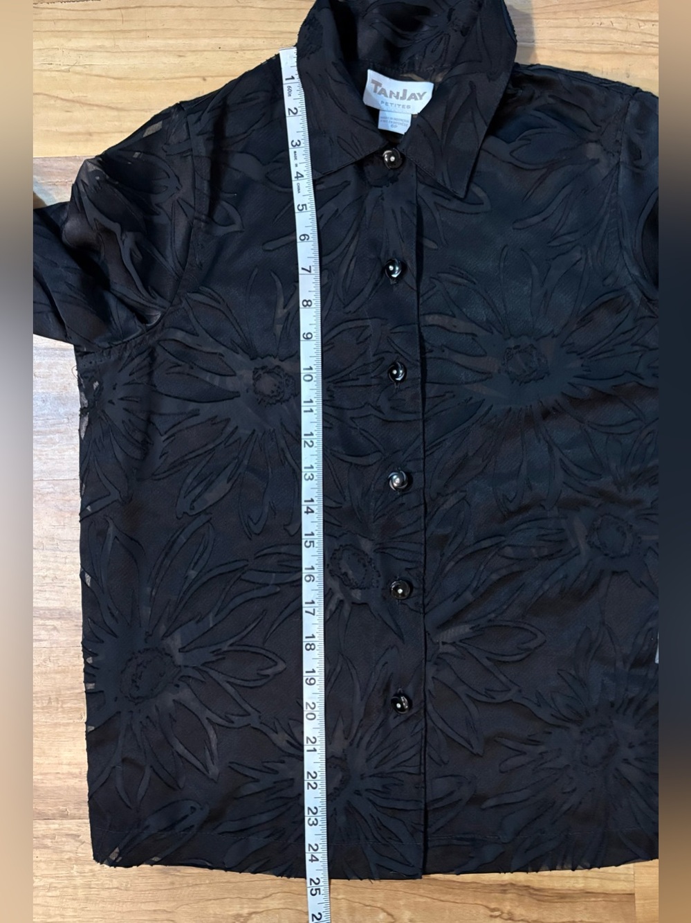 TanJay Sheer Black Floral Organza Blouse with Rhinestone Buttons, Petite Size 6 - Picture 7 of 9